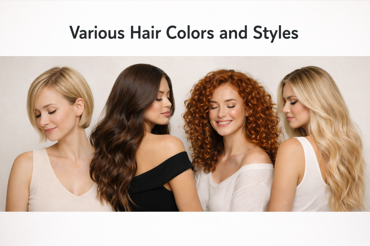 Four women with different hair colors and styles: short blonde, long wavy brunette, curly red, and long straight blonde, all smiling with eyes closed.