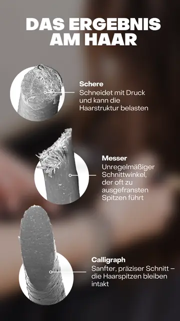Mikroskopische Darstellung von Haarspitzen bei Schere, Messer und Calligraph