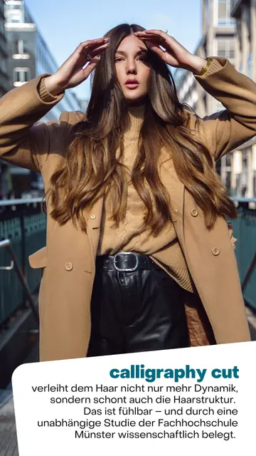 Frau mit langem Haar und Erläuterung zur Wirkung des Calligraphy Cut