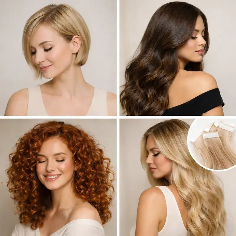 Verschiedene Haarstrukturen: feines, langes, lockiges Haar und Extensions